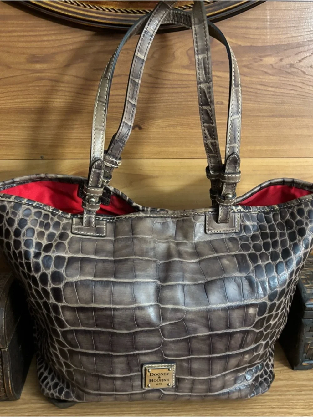 Dooney & Bourke Brown Croc-Embossed Leather Tote with Red Lining